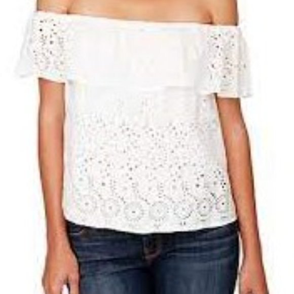 Lucky Brand Off Shoulder Blouse Ruffle Eyelet Top Lined Size S - Picture 11 of 11